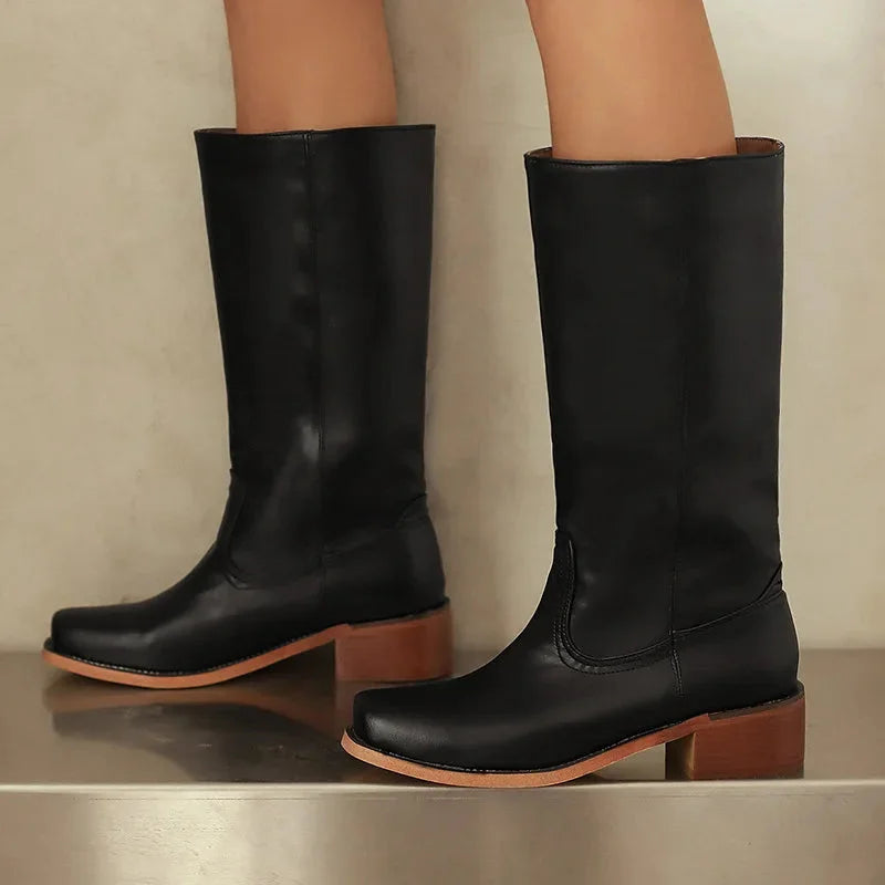 Women's faux leather knee high boots with square toe – Black