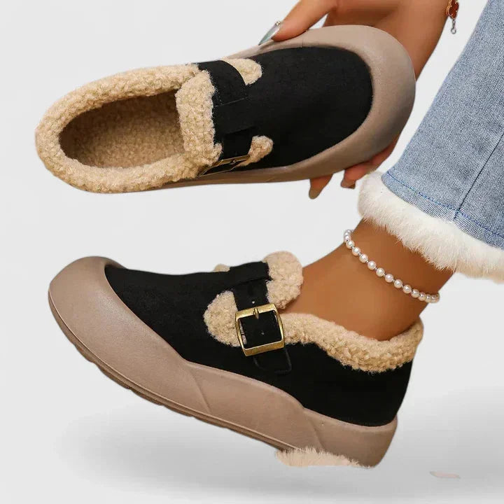 Women's suede slippers with sherpa fleece trim – Black