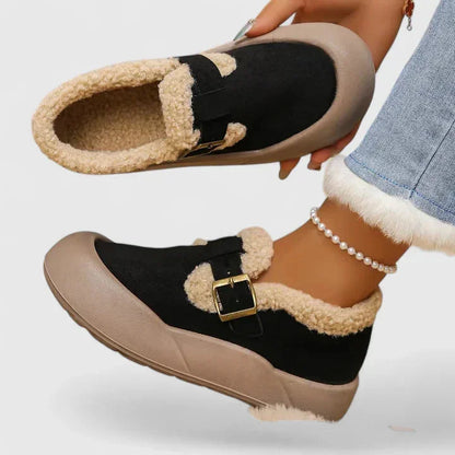 Women's suede slippers with sherpa fleece trim – Black