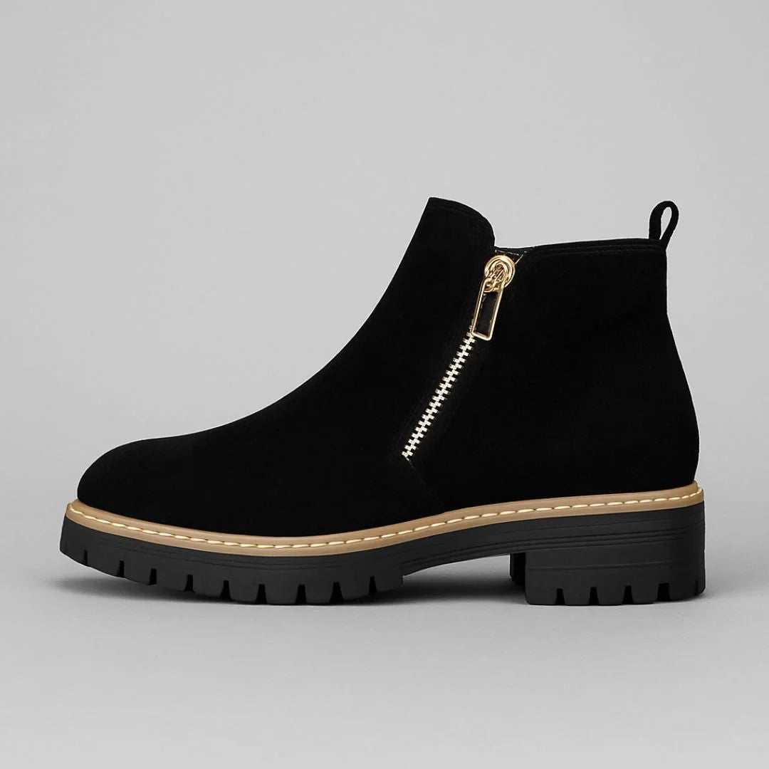 Women's suede side zip ankle boots with tone zipper – Black