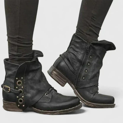Women's faux leather side zip ankle boots with buckle strap – Black