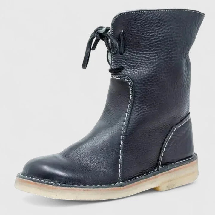 Women's faux leather lace-up ankle boots with sherpa lining – Black