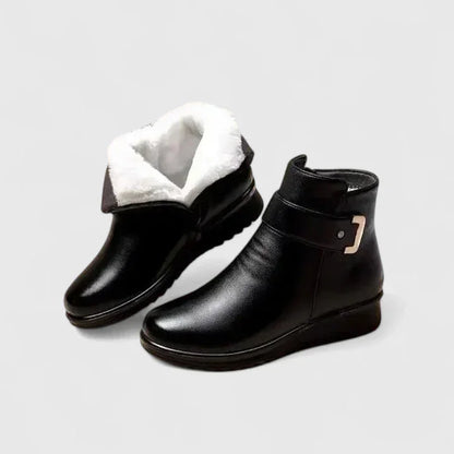 Women's faux leather side zip ankle boots with fur lining – Black White