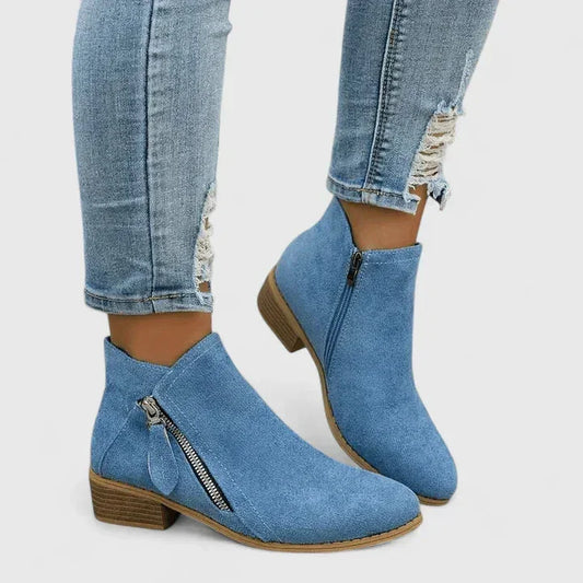 Women's suede side zip ankle boots with low block heel – Blue