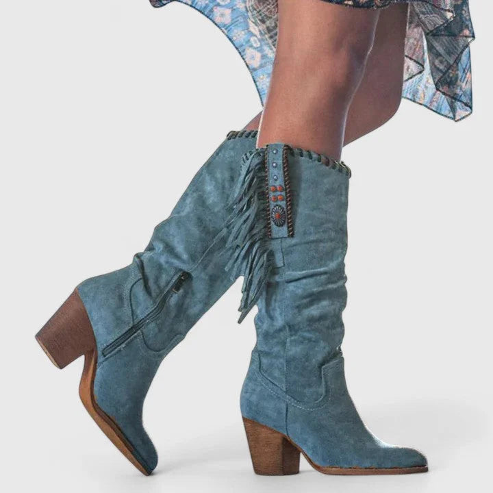 Women's suede side zip knee high boots with fringe – Blue