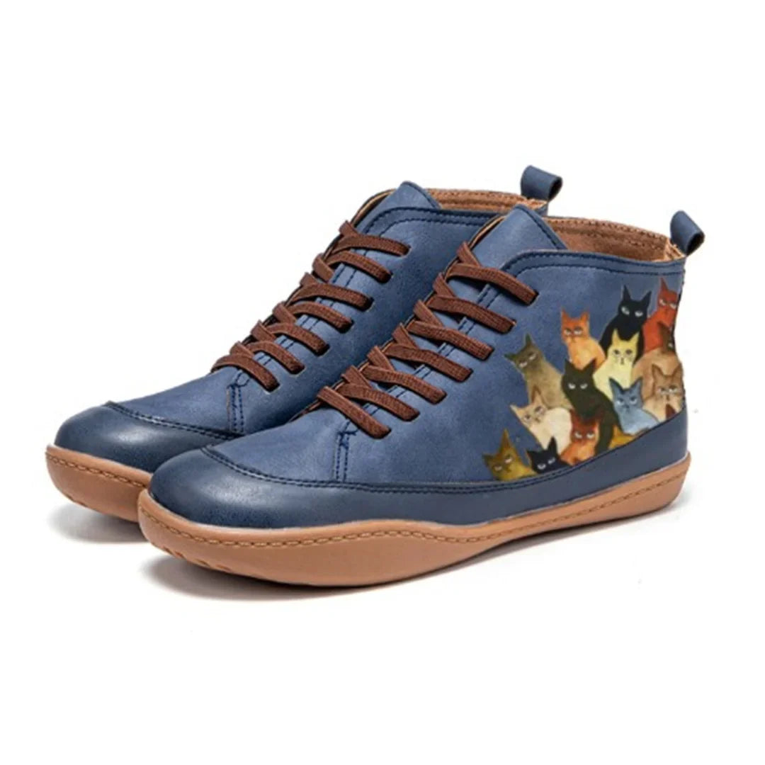 Women's lace-up ankle boots with cat print graphic – Blue