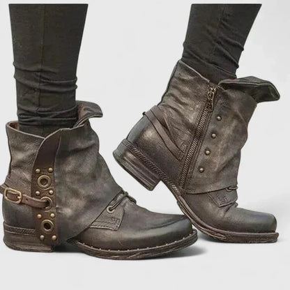 Women's faux leather side zip ankle boots with buckle strap – Brown