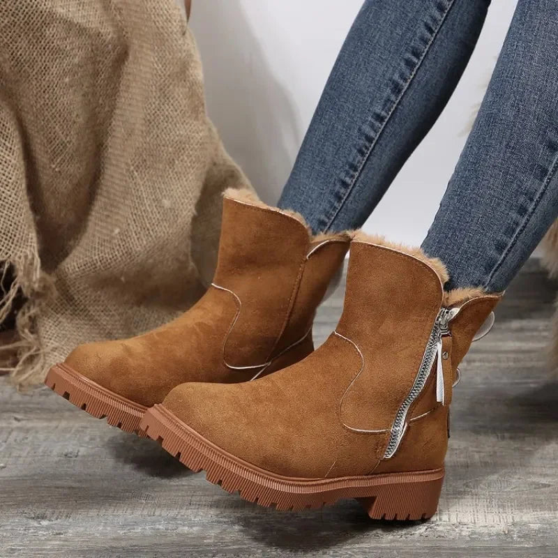 Women's suede side zip ankle boots with faux fur trim – Brown
