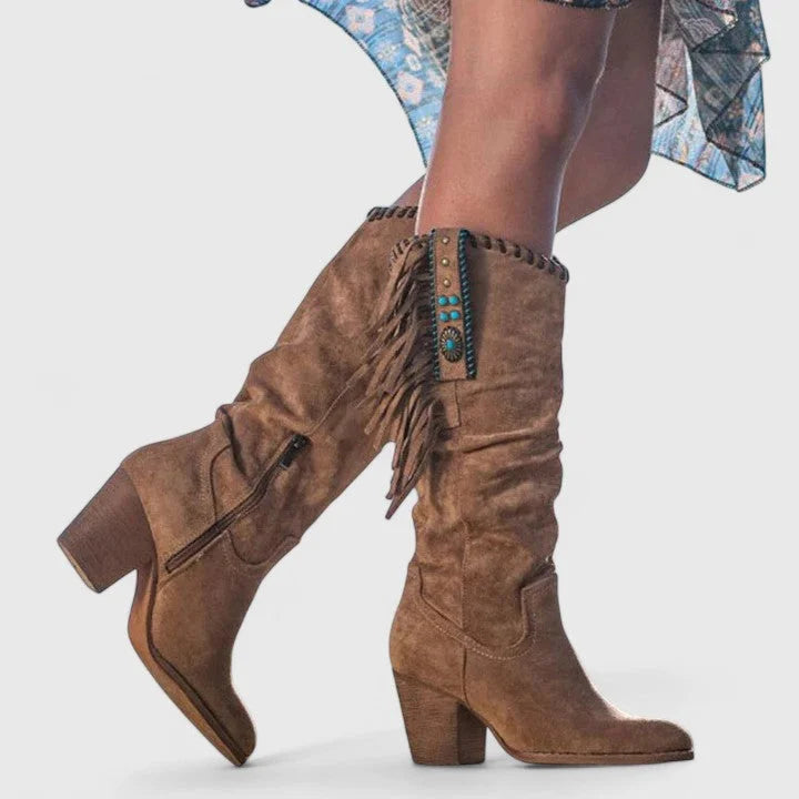 Women's suede side zip knee high boots with fringe – Brown