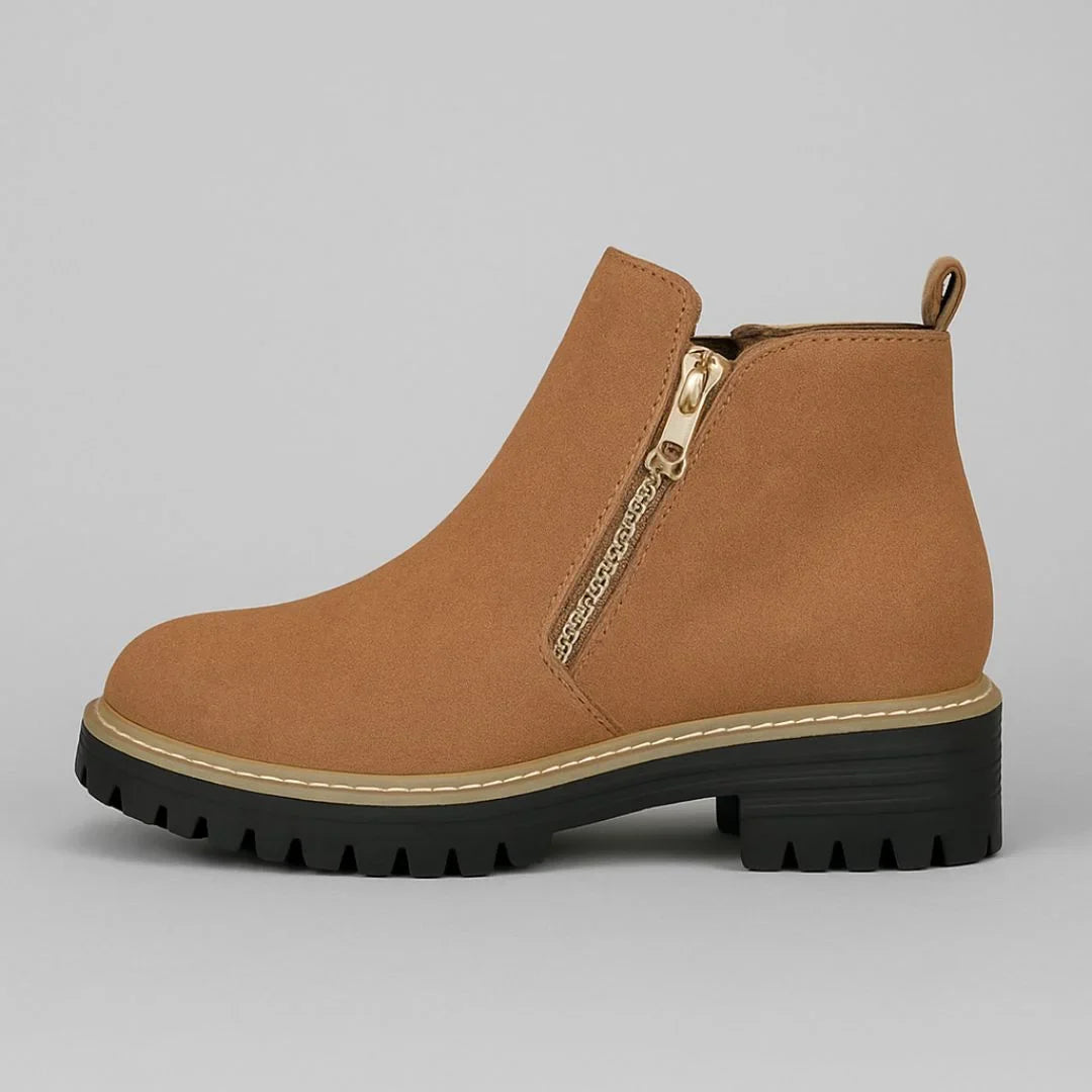 Women's suede side zip ankle boots with tone zipper – Brown