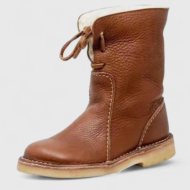 Women's faux leather lace-up ankle boots with sherpa lining – Brown