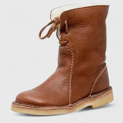 Women's faux leather lace-up ankle boots with sherpa lining – Brown