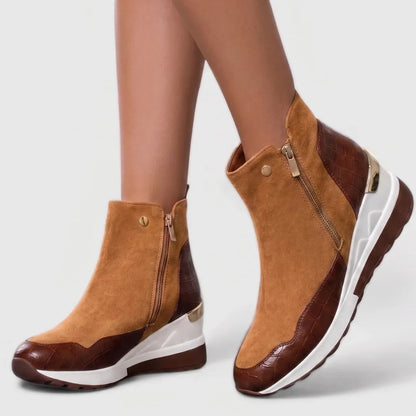 Women's suede side zip ankle boots with crocodile-embossed panels – Cognac Brown
