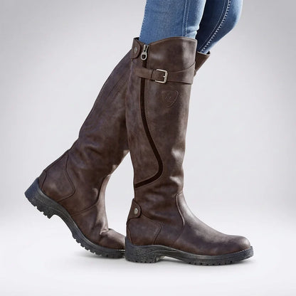 Women's knee high boots with buckle strap – Dark brown