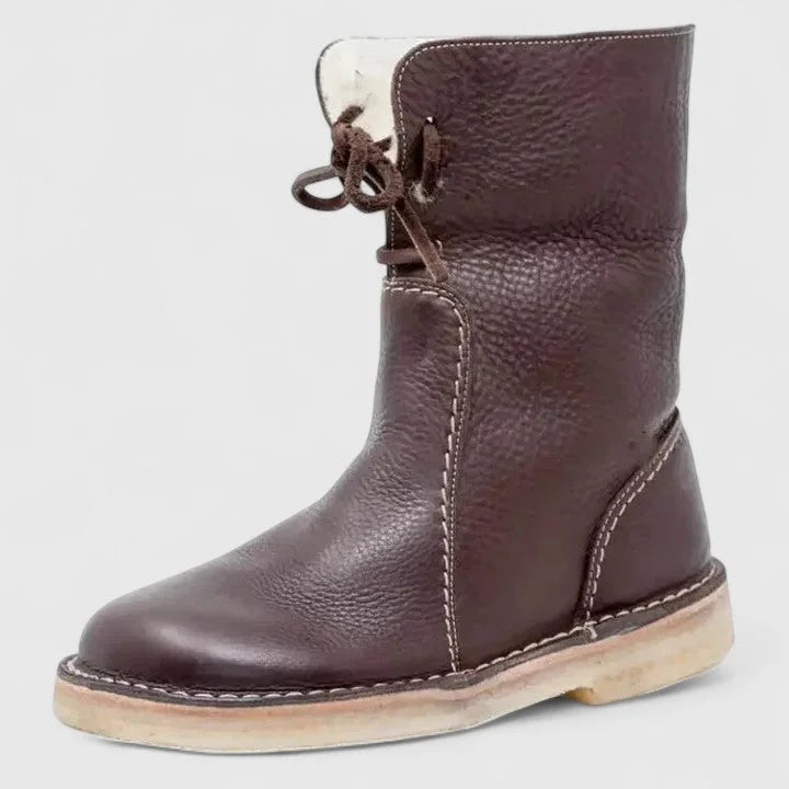 Women's faux leather lace-up ankle boots with sherpa lining – Dark Brown