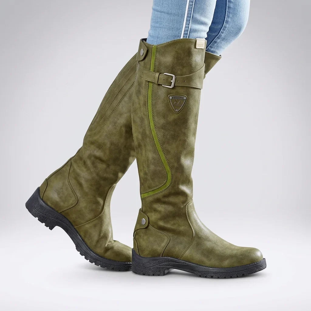 Women's knee high boots with buckle strap – Green