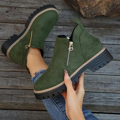 Women's leopard suede side zip ankle boots with chunky lug sole – Green
