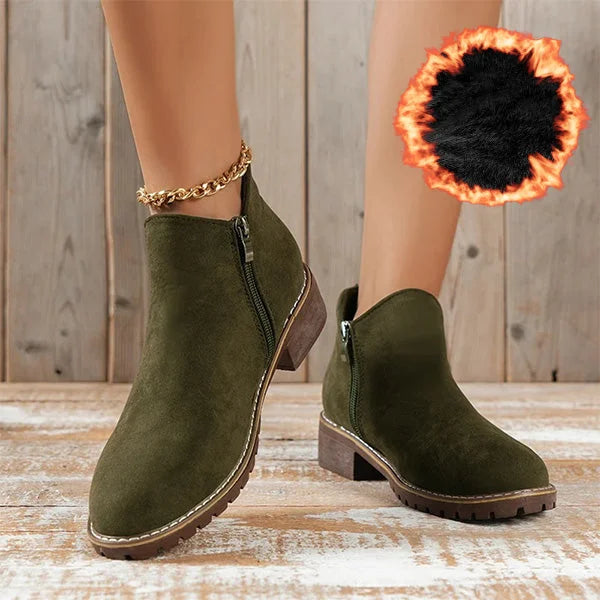 Women's suede side zip ankle boots with warm lining – Green