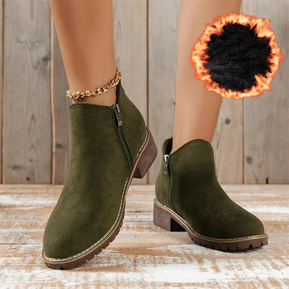 Women's suede side zip ankle boots with warm lining – Green