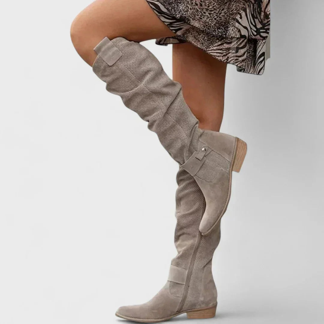Women's perforated suede side zip knee high boots – Grey