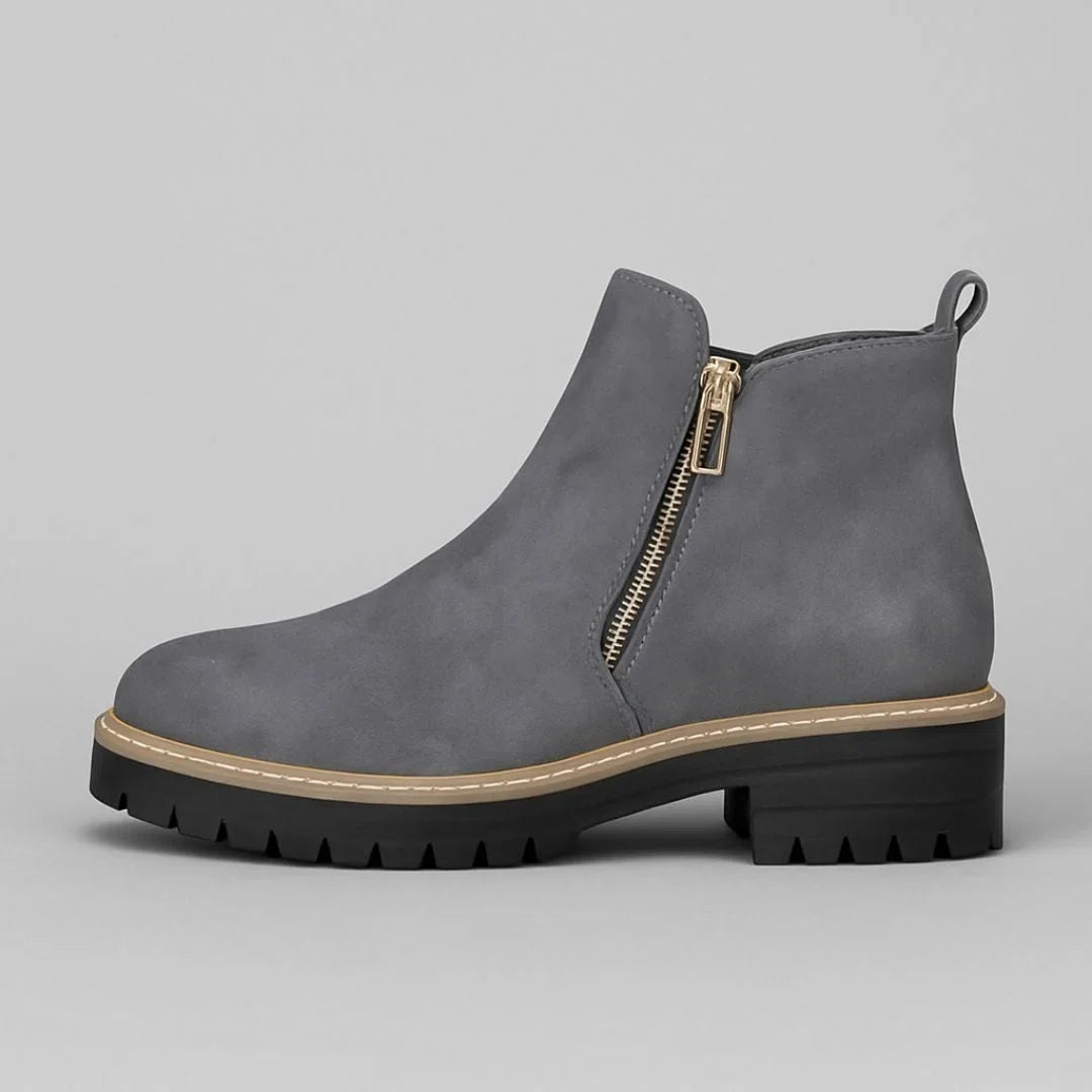 Women's suede side zip ankle boots with tone zipper – Grey