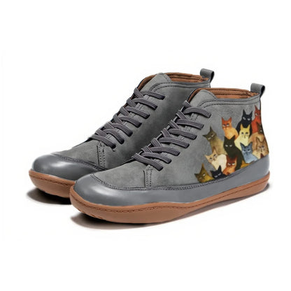Women's lace-up ankle boots with cat print graphic – Grey