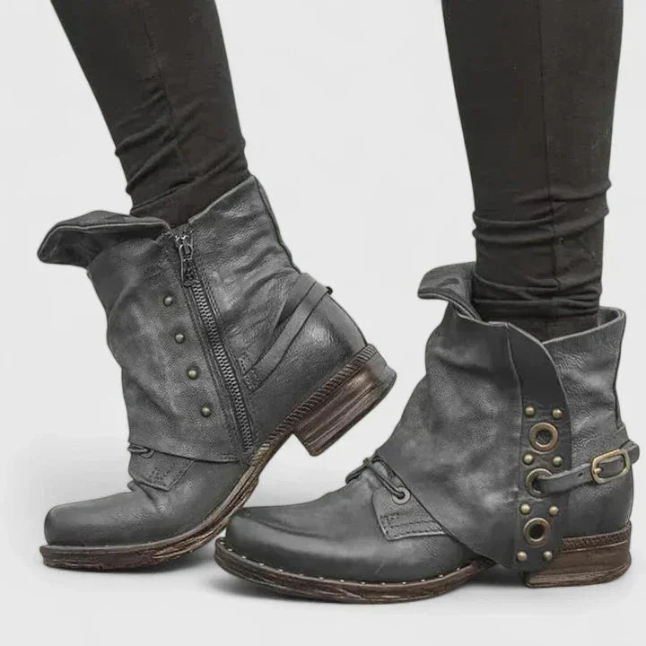 Women's faux leather side zip ankle boots with buckle strap – Grey