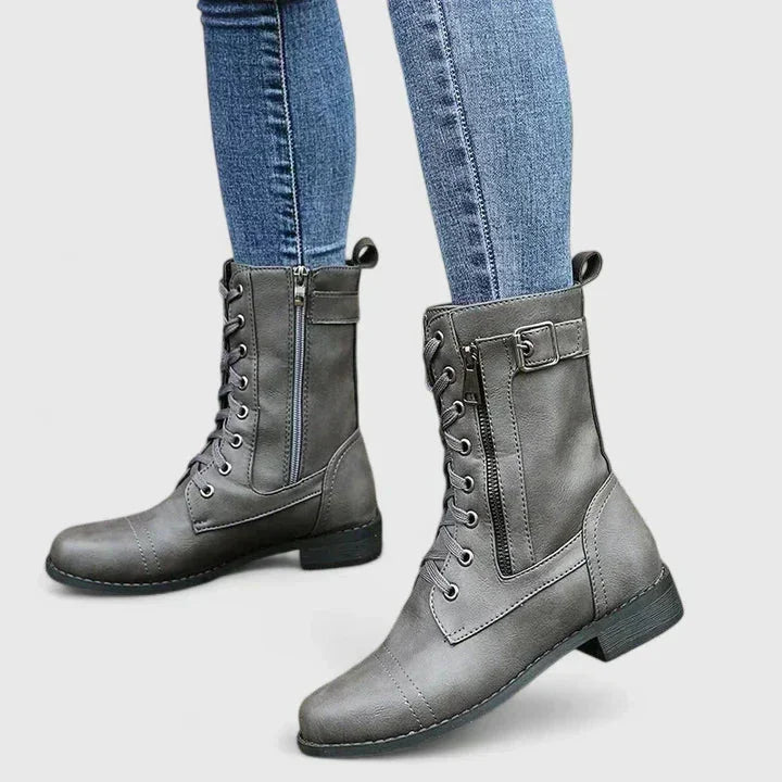 Women's faux leather lace-up ankle boots with side zip – Grey