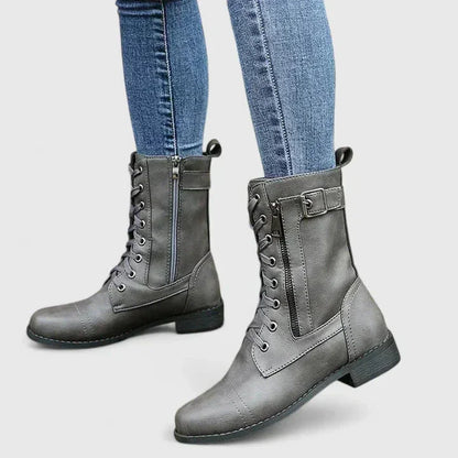 Women's faux leather lace-up ankle boots with side zip – Grey