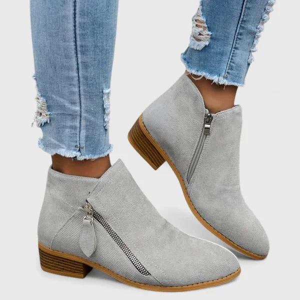 Women's suede side zip ankle boots with low block heel – Grey