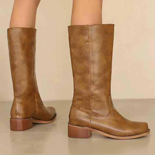 Women's faux leather knee high boots with square toe – Khaki