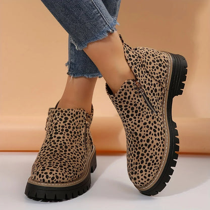 Women's leopard suede side zip ankle boots with chunky lug sole – Leopard Print