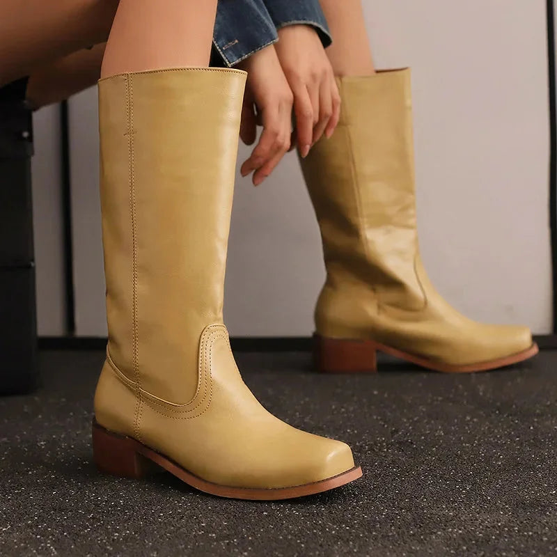 Women's faux leather knee high boots with square toe – Light Brown