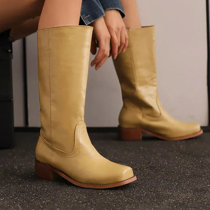 Women's faux leather knee high boots with square toe – Light Brown