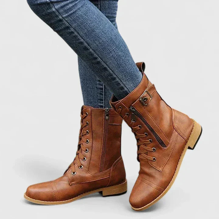 Women's faux leather lace-up ankle boots with side zip – Light Brown