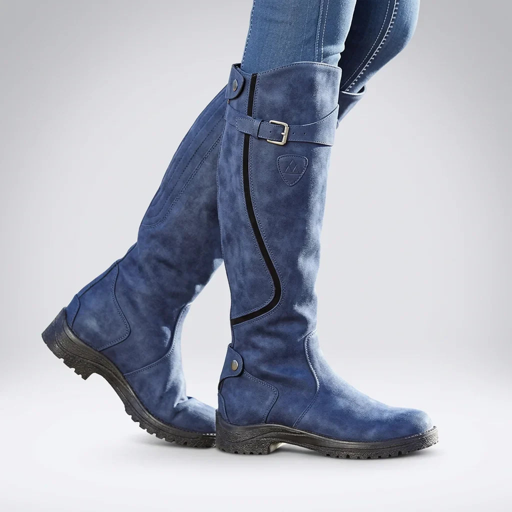 Women's knee high boots with buckle strap – Navy blue