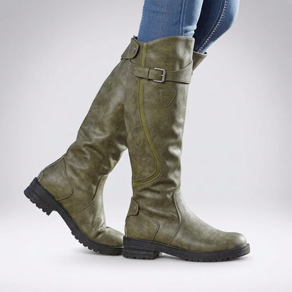 Women's knee high boots with buckle strap – Olive green
