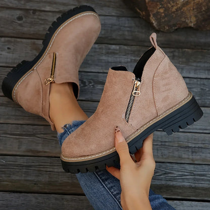 Women's leopard suede side zip ankle boots with chunky lug sole – Pink