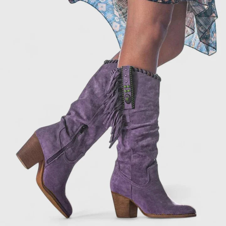 Women's suede side zip knee high boots with fringe – Purple