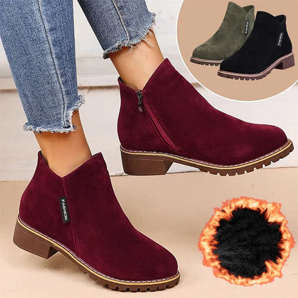 Women's suede side zip ankle boots with warm lining – Red
