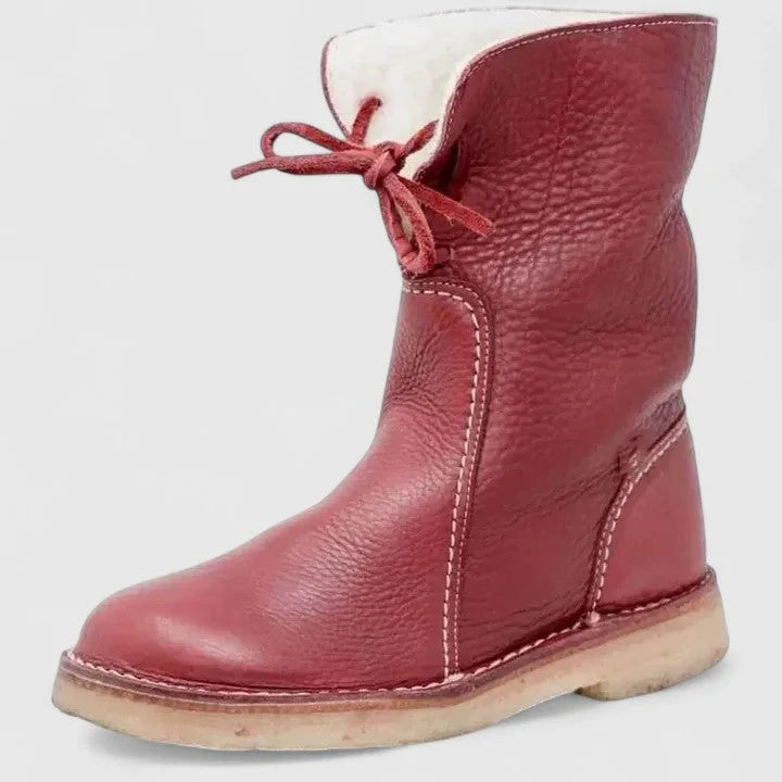 Women's faux leather lace-up ankle boots with sherpa lining – Red