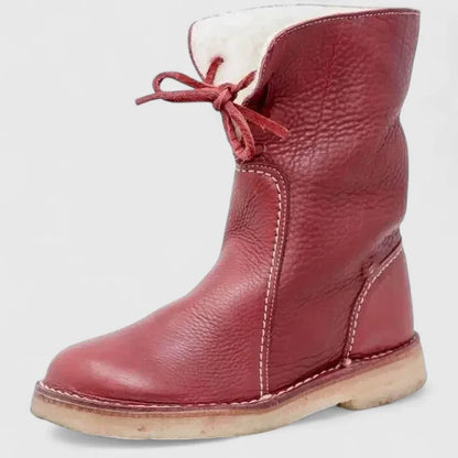 Women's faux leather lace-up ankle boots with sherpa lining – Red