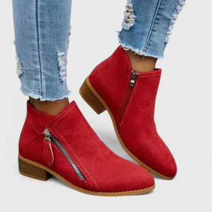 Women's suede side zip ankle boots with low block heel – Red