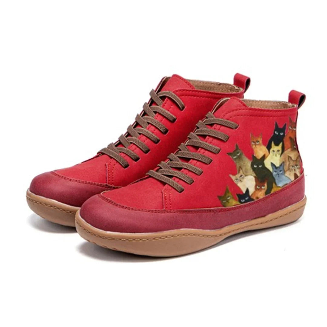 Women's lace-up ankle boots with cat print graphic – Red