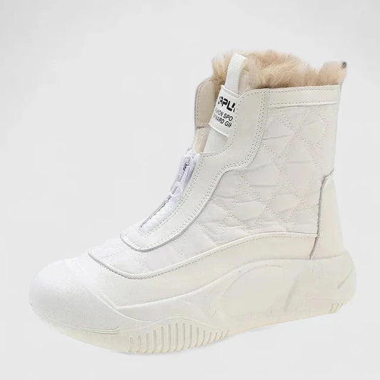 Women's quilted half-zip ankle boots with faux fur lining – White