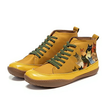 Women's lace-up ankle boots with cat print graphic – Yellow