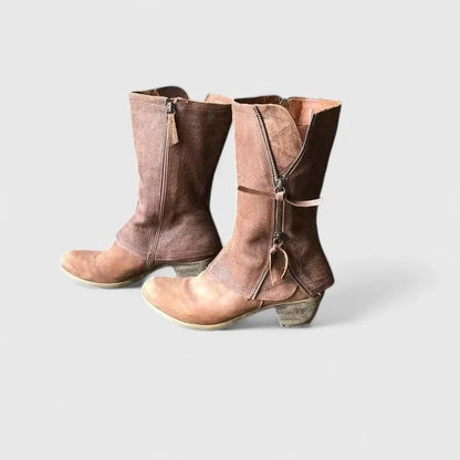 Women's western-style calf boots with supportive design – Brown