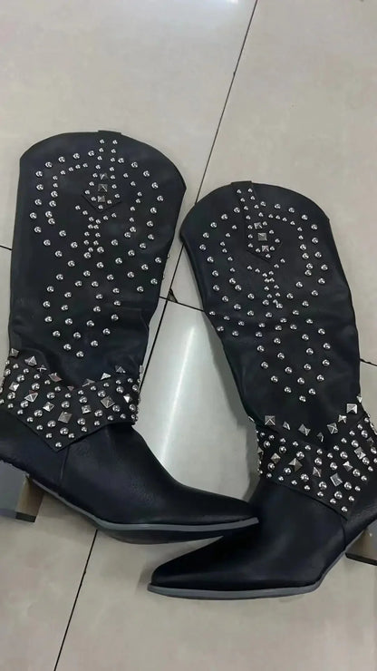 Women's pointed-toe knee-high boots with block heel