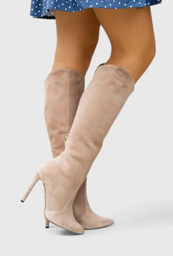 Women's cushioned leather calf boots with pointed toe – Beige Suede