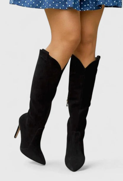 Women's cushioned leather calf boots with pointed toe – Black Suede